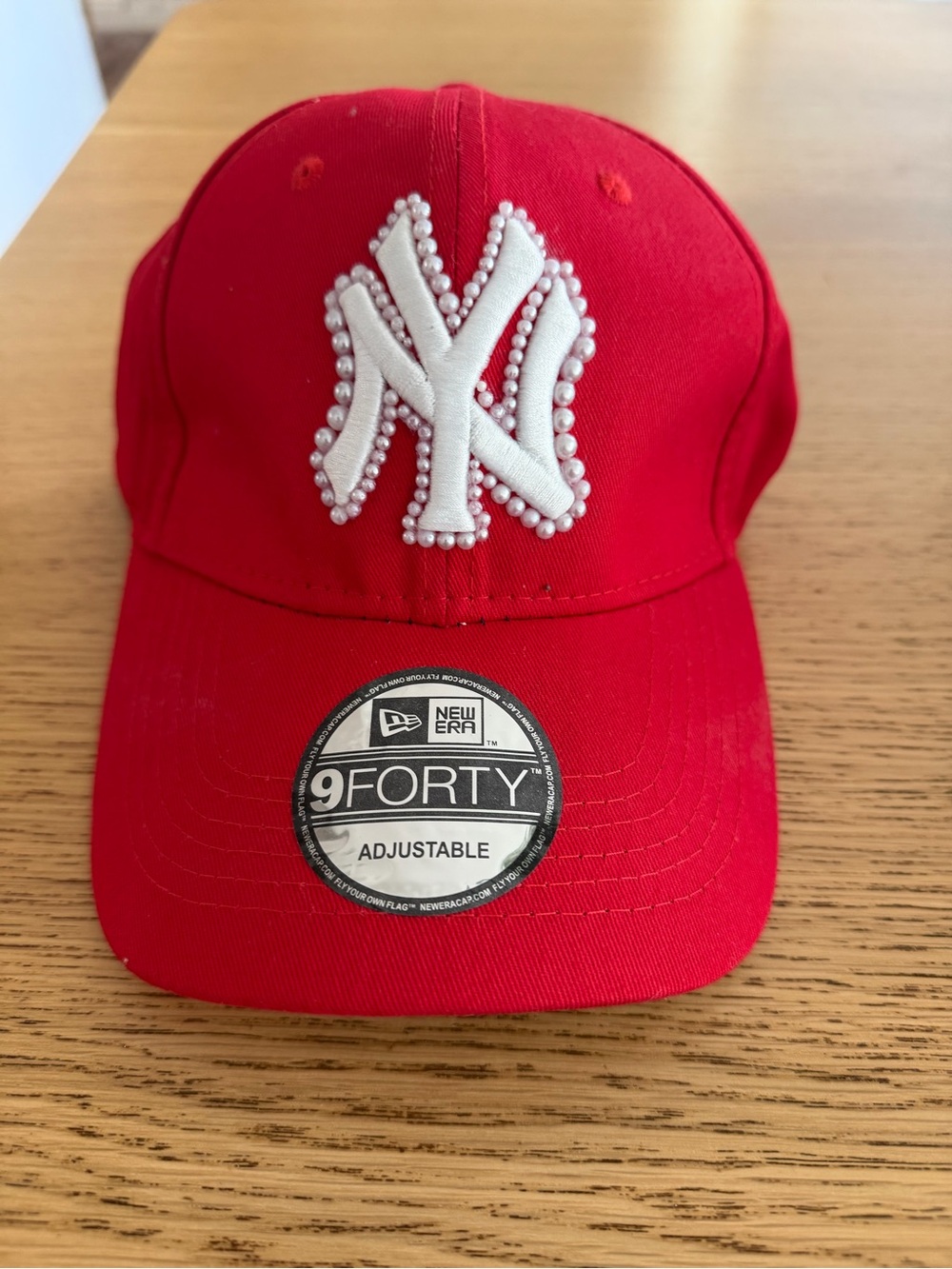 New Era Red Baseball Cap with White Pearl-Trim NY Logo